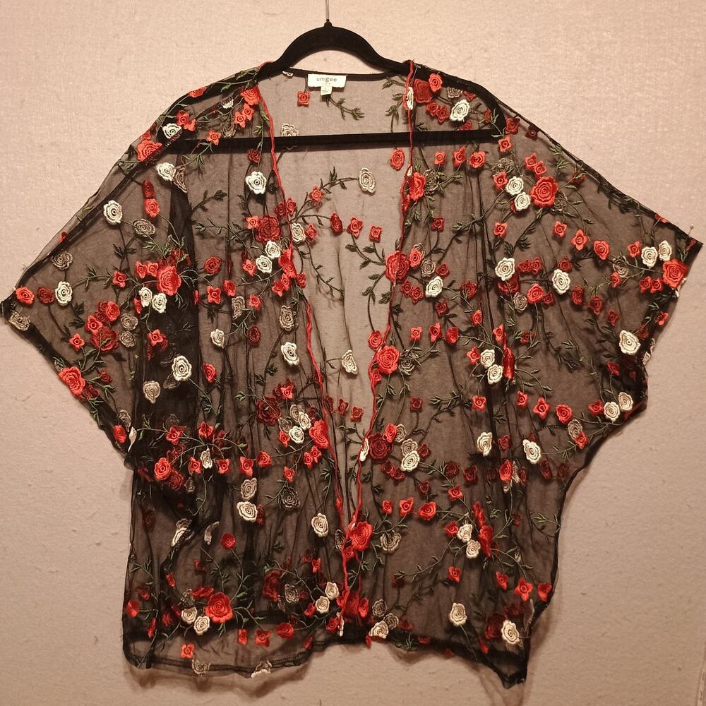 Umgee Floral Embroidered Sheer Kimono Size L Beachy - Picture 2 of 8